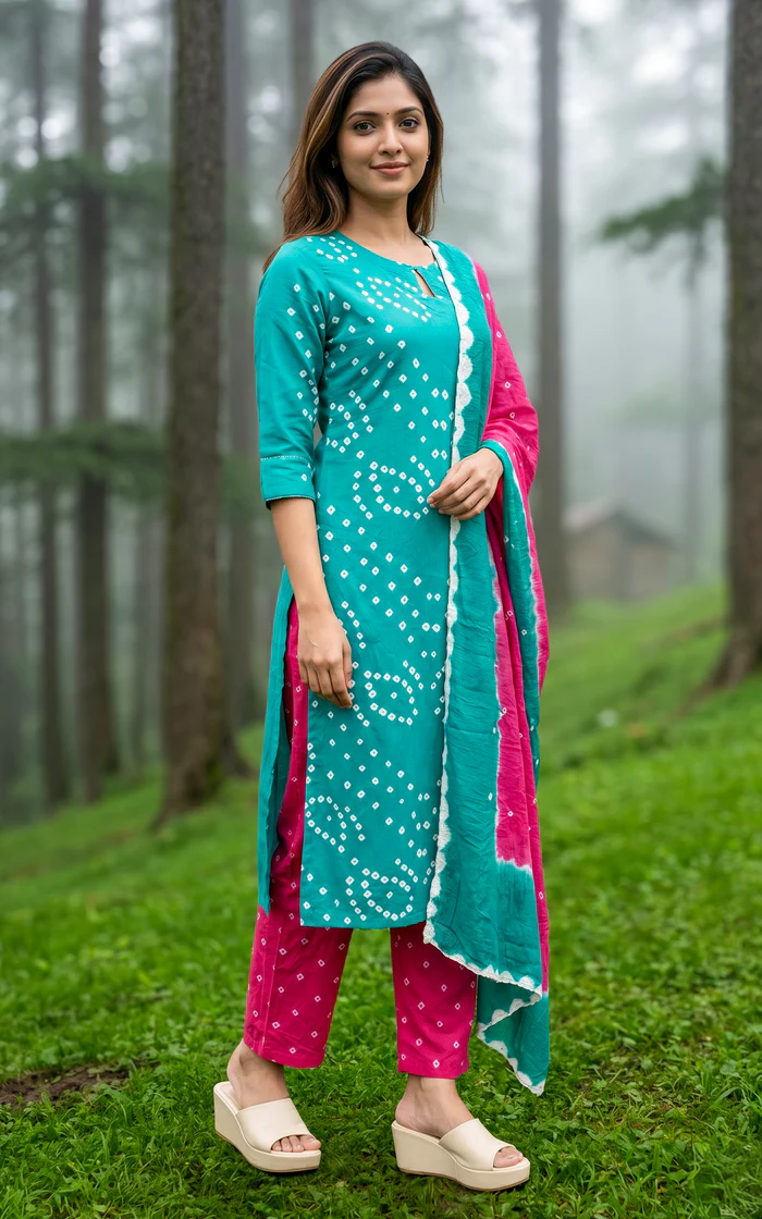 Teal Green Assorted Designed Bandhani Printed Straight Cut Kurti (Rithushka)